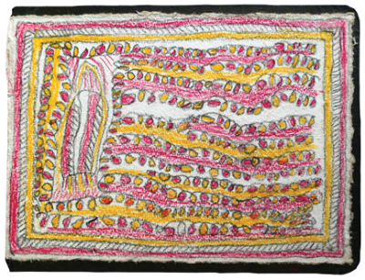 Australian Indigenous (Aboriginal and Torres Strait Islander) artwork by FATE SAVARI (ISAWDI) of Omie Artists. The title is Vetara’s kutito bojoe (Woman weaver of Huvaimo’s bilum string bag). [14-248] (Pencil and Ink on Paper (and Board))