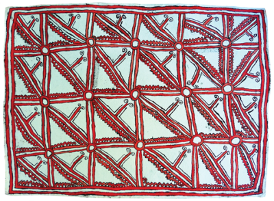 Australian Indigenous (Aboriginal and Torres Strait Islander) artwork by FATE SAVARI (ISAWDI) of Omie Artists. The title is Vinöhu’e, taigu taigu’e ohu’o jö’o sor’e - Ujawé initiation rite tattoo design of the bellybutton, pattern of a leaf and uncurling fern fronds. [15-203] (Paint, Pencil and Ink on Paper)