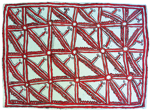 Australian Indigenous (Aboriginal and Torres Strait Islander) artwork by FATE SAVARI (ISAWDI) of Omie Artists. The title is Vinöhu’e, taigu taigu’e ohu’o jö’o sor’e - Ujawé initiation rite tattoo design of the bellybutton, pattern of a leaf and uncurling fern fronds. [15-203] (Paint, Pencil and Ink on Paper)