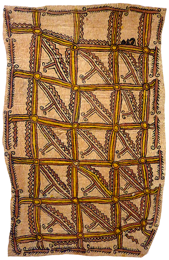 Australian Indigenous (Aboriginal and Torres Strait Islander) artwork by FATE SAVARI (ISAWDI) of Omie Artists. The title is Vinöhu’e, taigu taigu’e ohu’o jö’o sor’e – Tattoo design of the bellybutton, pattern of a leaf and uncurling fern fronds. [16-009] (Natural Pigments on Nioge (Barkcloth))