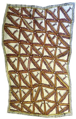 Australian Indigenous (Aboriginal and Torres Strait Islander) artwork by FATE SAVARI (ISAWDI) of Omie Artists. The title is Vinöhu’e, taigu taigu’e ohu’o jö’o sor’e - Ujawé initiation rite tattoo design of the bellybutton, pattern of a leaf and uncurling fern fronds. [16-101] (Natural Pigments on Nioge (Woman’s Barkcloth Skirt))