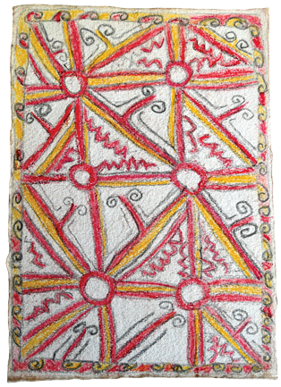 Australian Indigenous (Aboriginal and Torres Strait Islander) artwork by FATE SAVARI (ISAWDI) of Omie Artists. The title is Vinohu’e (tattoo of the bellybutton), sor’e (Ujawé initiation tattoos) and the wedding song, “Wowomo ririho ano eggo niar’e sabero nuniro va’eveâ€. [14-207] (Pencil and Ink on Paper)