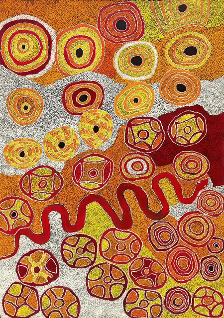 Australian Indigenous (Aboriginal and Torres Strait Islander) artwork by BYRON BROOKS of Spinifex Artists. The title is Wati Kuniya. [13248] (Acrylic on Linen)