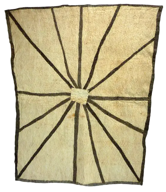 Australian Indigenous (Aboriginal and Torres Strait Islander) artwork by BRENDA KESI (ARIRÉ) of Omie Artists. The title is Wo’ohohe – Ground-Burrowing Spider. [OM12-005] (Sihoti’e Taliobamë’e - Appliquéd Mud-Dyed Barkcloth)