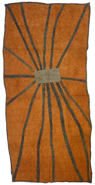 Australian Indigenous (Aboriginal and Torres Strait Islander) artwork by BRENDA KESI (ARIRÉ) of Omie Artists. The title is Wo’ohohe – Ground-burrowing Spider. [15-073] (Appliquéd Mud-Dyed Nioge (Barkcloth))