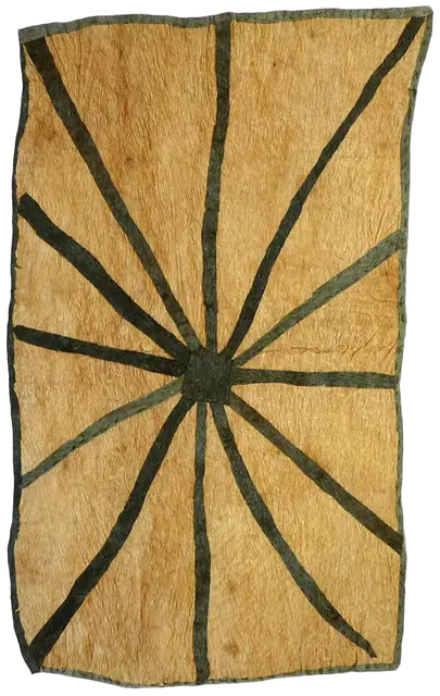 Australian Indigenous (Aboriginal and Torres Strait Islander) artwork by BRENDA KESI (ARIRÉ) of Omie Artists. The title is Wo’ohohe – Ground-burrowing Spider. [13-030] (Appliquéd Mud-Dyed Nioge (Barkcloth))