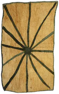 Australian Indigenous (Aboriginal and Torres Strait Islander) artwork by BRENDA KESI (ARIRÉ) of Omie Artists. The title is Wo’ohohe – Ground-burrowing Spider. [13-030] (Appliquéd Mud-Dyed Nioge (Barkcloth))