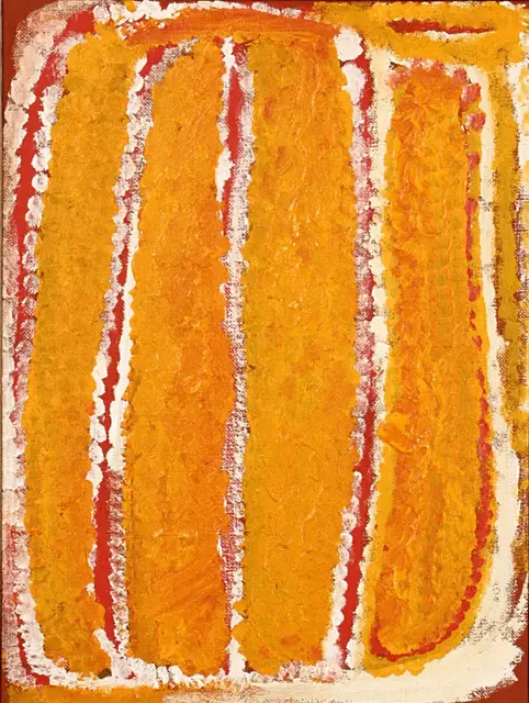 Australian Indigenous (Aboriginal and Torres Strait Islander) artwork by EUBENA NAMPITJIN of Warlayirti Artists (Balgo). The title is Walmarlajarbu. [1153/03] (Acrylic on Belgian Linen)