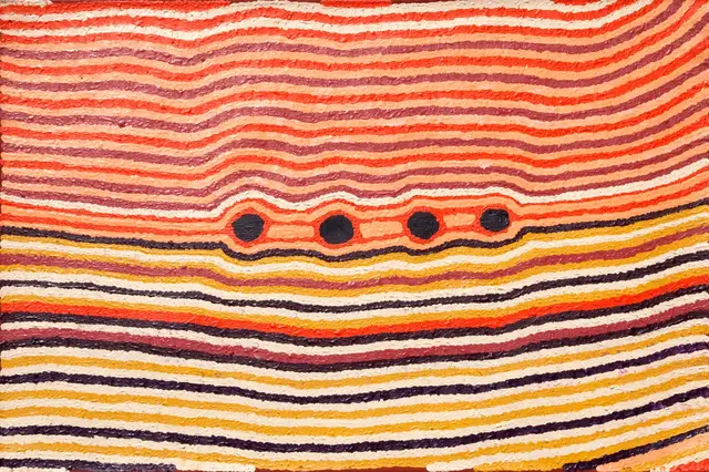 Australian Indigenous (Aboriginal and Torres Strait Islander) artwork by HELICOPTER TJUNGURRAYI of Warlayirti Artists (Balgo). The title is Wangkartu. [484/09] (Acrylic on Linen)