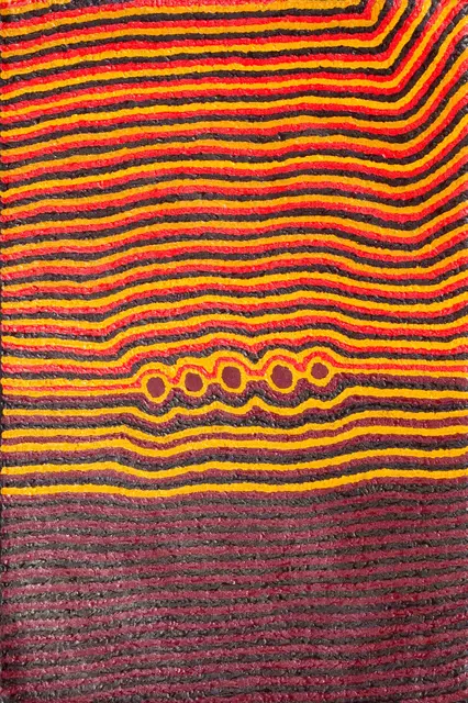 Australian Indigenous (Aboriginal and Torres Strait Islander) artwork by HELICOPTER TJUNGURRAYI of Warlayirti Artists (Balgo). The title is Wangkartu. [72/09] (Acrylic on Linen)