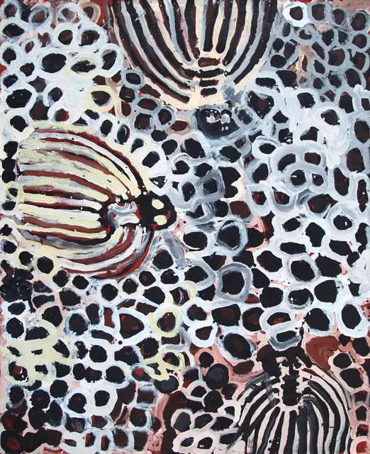 Australian Indigenous (Aboriginal and Torres Strait Islander) artwork by HARRY TJUTJUNA of Ninuku Arts. The title is Wanka: Spider. [NKHT11208] (Acrylic on Belgian Linen)