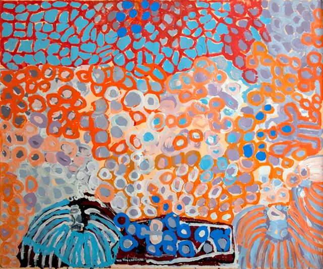 Australian Indigenous (Aboriginal and Torres Strait Islander) artwork by HARRY TJUTJUNA of Ninuku Arts. The title is Wanka: Spider. [NKHT10329] (Acrylic on Belgian Linen)