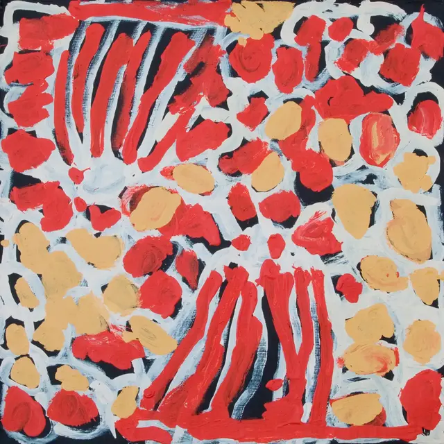 Australian Indigenous (Aboriginal and Torres Strait Islander) artwork by HARRY TJUTJUNA of Ninuku Arts. The title is Wanka: Spider. [13360] (Acrylic on Linen)