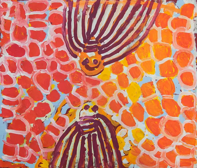 Australian Indigenous (Aboriginal and Torres Strait Islander) artwork by HARRY TJUTJUNA of Ninuku Arts. The title is Wanka: Spider. [15-198] (Acrylic on Belgian Linen)