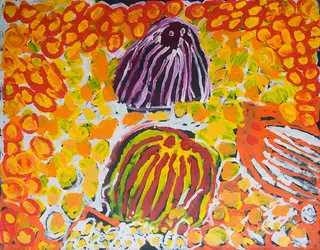 Australian Indigenous (Aboriginal and Torres Strait Islander) artwork by HARRY TJUTJUNA of Ninuku Arts. The title is Wanka: Spider. [14-123] (Acrylic on Linen)