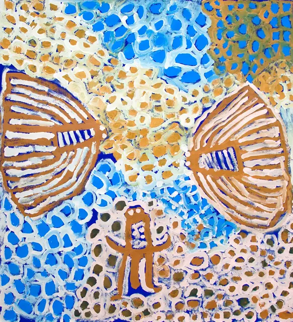 Australian Indigenous (Aboriginal and Torres Strait Islander) artwork by HARRY TJUTJUNA of Ninuku Arts. The title is Wanka: Spider Munu Wati Nyiru. [NKHT11086] (Acrylic on Linen)