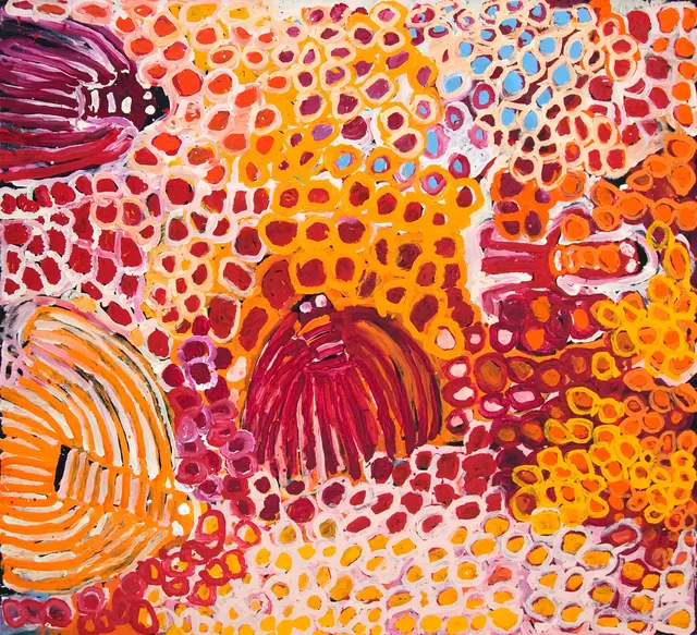 Australian Indigenous (Aboriginal and Torres Strait Islander) artwork by HARRY TJUTJUNA of Ninuku Arts. The title is Wanka: Spider munu Wati Nyiru. [NKHT11532] (Acrylic on Belgian Linen)