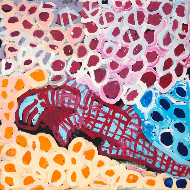 Australian Indigenous (Aboriginal and Torres Strait Islander) artwork by HARRY TJUTJUNA of Ninuku Arts. The title is Wati Ngintaka Tjukurpa. [NKHT11536] (Acrylic on Belgian Linen)