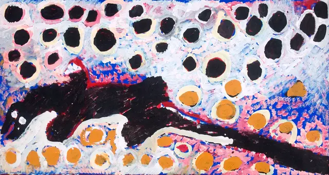 Australian Indigenous (Aboriginal and Torres Strait Islander) artwork by HARRY TJUTJUNA of Ninuku Arts. The title is Wati Ngintaka Tjukurpa. [NKHT13039] (Acrylic on Linen)