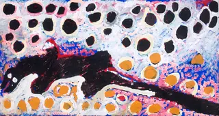 Australian Indigenous (Aboriginal and Torres Strait Islander) artwork by HARRY TJUTJUNA of Ninuku Arts. The title is Wati Ngintaka Tjukurpa. [NKHT13039] (Acrylic on Linen)