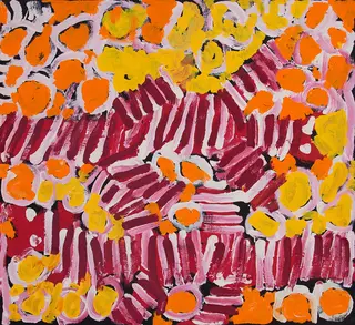 Australian Indigenous (Aboriginal and Torres Strait Islander) artwork by HARRY TJUTJUNA of Ninuku Arts. The title is Wati Ngintaka Tjukurpa. [14-269] (Acrylic on Linen)