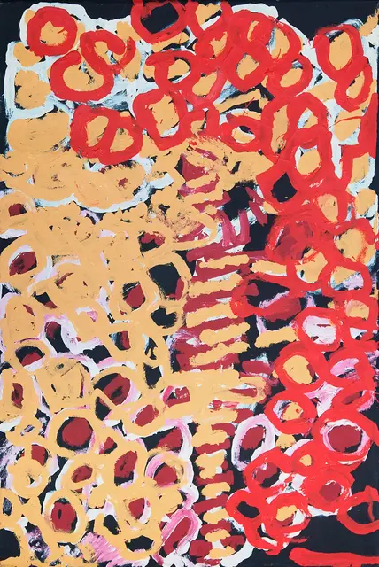 Australian Indigenous (Aboriginal and Torres Strait Islander) artwork by HARRY TJUTJUNA of Ninuku Arts. The title is Wati Ngintaka Tjukurpa. [13331] (Acrylic on Linen)