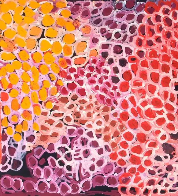 Australian Indigenous (Aboriginal and Torres Strait Islander) artwork by HARRY TJUTJUNA of Ninuku Arts. The title is Wati Nyiru. [NKHT13038] (Acrylic on Linen)