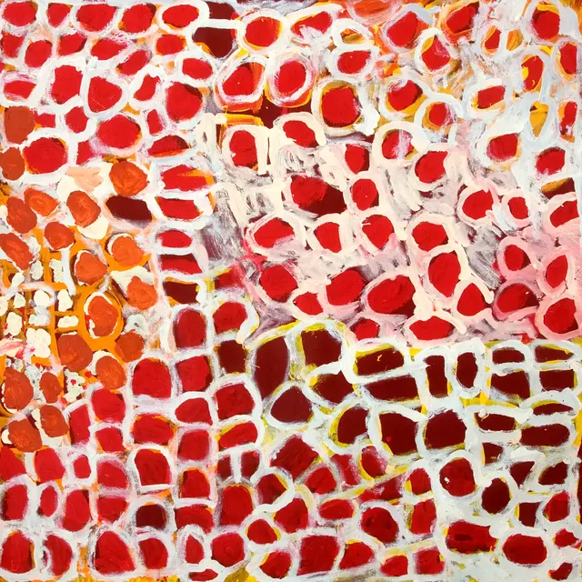 Australian Indigenous (Aboriginal and Torres Strait Islander) artwork by HARRY TJUTJUNA of Ninuku Arts. The title is Wati Nyiru. [NKHT13053] (Acrylic on Linen)