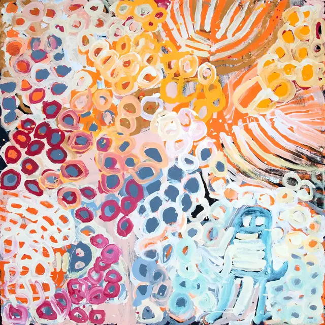 Australian Indigenous (Aboriginal and Torres Strait Islander) artwork by HARRY TJUTJUNA of Ninuku Arts. The title is Wati Nyiru munu Wati Wanka. [NKHT11481] (Acrylic on Belgian Linen)