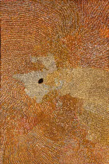 Australian Indigenous (Aboriginal and Torres Strait Islander) artwork by IMELDA (YUKENBARRI) GUGAMAN of Warlayirti Artists (Balgo). The title is Winpurpurla. [37/10] (Acrylic on Linen)