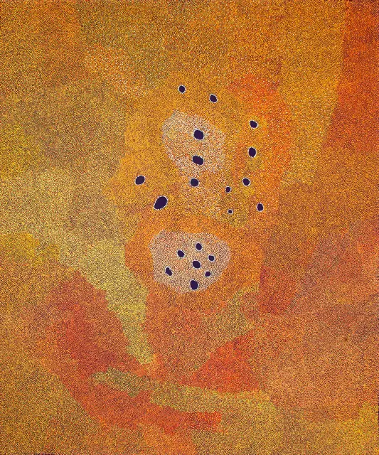 Australian Indigenous (Aboriginal and Torres Strait Islander) artwork by IMELDA (YUKENBARRI) GUGAMAN of Warlayirti Artists (Balgo). The title is Winpurpurla. [138-16] (Acrylic on Linen)