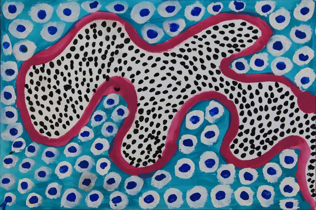 Australian Indigenous (Aboriginal and Torres Strait Islander) artwork by JANANGOO BUTCHER CHEREL of Mangkaja Artists. The title is Warda. [747/08] (Acrylic Gouache on 185gsm Paper)