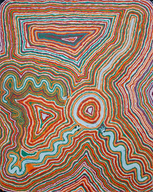 Australian Indigenous (Aboriginal and Torres Strait Islander) artwork by JIMMY DONEGAN of Ninuku Arts. The title is Wati Kutjara Wanampi. [15-73] (Acrylic on Linen)