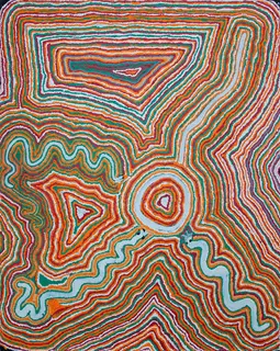 Australian Indigenous (Aboriginal and Torres Strait Islander) artwork by JIMMY DONEGAN of Ninuku Arts. The title is Wati Kutjara Wanampi. [15-73] (Acrylic on Linen)