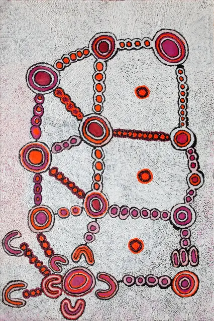Australian Indigenous (Aboriginal and Torres Strait Islander) artwork by KUYARRIA MUDGEDELL NAKAMARRA of Warlayirti Artists (Balgo). The title is Women’s Dreaming. [545/09] (Acrylic on Canvas)