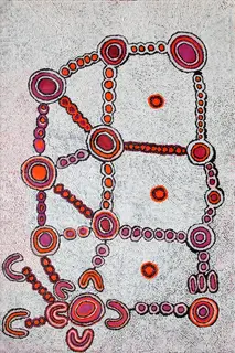 Australian Indigenous (Aboriginal and Torres Strait Islander) artwork by KUYARRIA MUDGEDELL NAKAMARRA of Warlayirti Artists (Balgo). The title is Women’s Dreaming. [545/09] (Acrylic on Canvas)