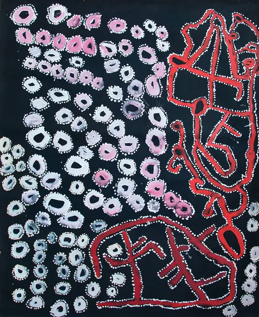 Australian Indigenous (Aboriginal and Torres Strait Islander) artwork by LAWRENCE PENNINGTON of Spinifex Artists. The title is Watala. [14074] (Acrylic on Linen)