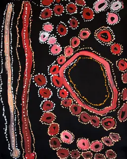 Australian Indigenous (Aboriginal and Torres Strait Islander) artwork by LAWRENCE PENNINGTON of Spinifex Artists. The title is Wati Kutjara. [15-152] (Acrylic on Linen)