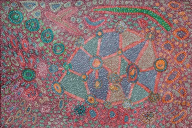 Australian Indigenous (Aboriginal and Torres Strait Islander) artwork by MIRIAM BAADJO of Warlayirti Artists (Balgo). The title is Wati Kutjarra. [511/09] (Acrylic on Linen)