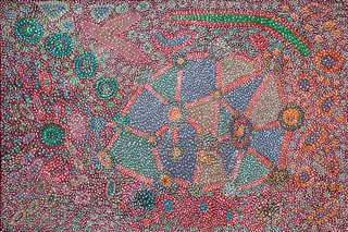 Australian Indigenous (Aboriginal and Torres Strait Islander) artwork by MIRIAM BAADJO of Warlayirti Artists (Balgo). The title is Wati Kutjarra. [511/09] (Acrylic on Linen)