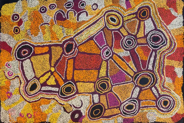 Australian Indigenous (Aboriginal and Torres Strait Islander) artwork by NGALPINGKA SIMMS of Spinifex Artists. The title is Wayiyul. [13310] (Acrylic on Linen)
