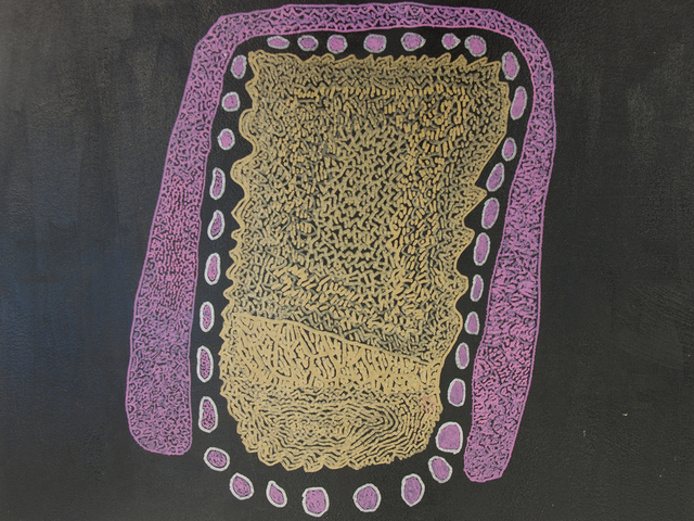 Australian Indigenous (Aboriginal and Torres Strait Islander) artwork by NGARRALJA TOMMY MAY of Mangkaja Artists. The title is Wungkur. [190/15] (Atelier Acrylic on Board)