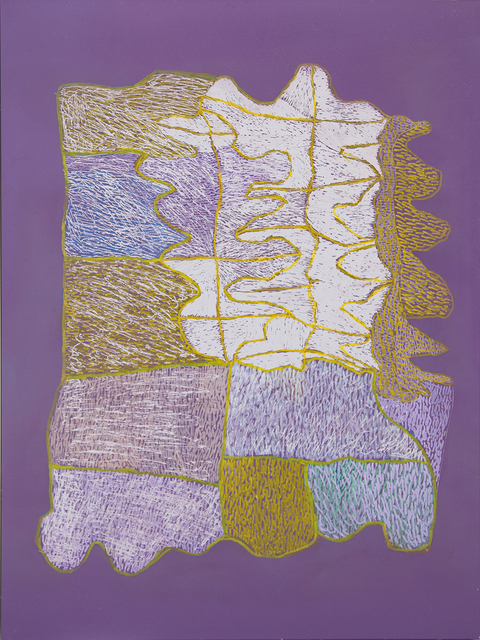 Australian Indigenous (Aboriginal and Torres Strait Islander) artwork by NGARRALJA TOMMY MAY of Mangkaja Artists. The title is Wurna Juwal. [73/17] (Acrylic Paint and Drawing into Enamel on Metal)