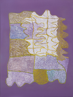 Australian Indigenous (Aboriginal and Torres Strait Islander) artwork by NGARRALJA TOMMY MAY of Mangkaja Artists. The title is Wurna Juwal. [73/17] (Acrylic Paint and Drawing into Enamel on Metal)