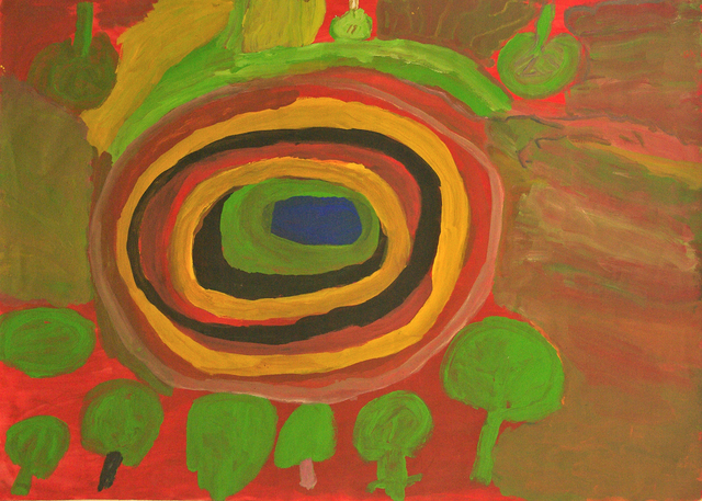 Australian Indigenous (Aboriginal and Torres Strait Islander) artwork by PAJI WAJINA HONEYCHILD YANKARR of Mangkaja Artists. The title is Wirrkuja. [436/11] (Atelier Acrylic, 250gsm Velin Arches Paper)