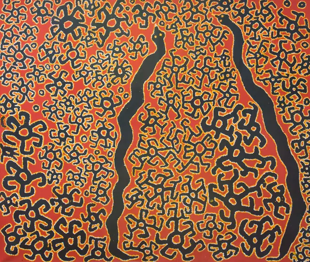 Australian Indigenous (Aboriginal and Torres Strait Islander) artwork by ROY UNDERWOOD of Spinifex Artists. The title is Wati Kutjara. [13247] (Acrylic on Linen)