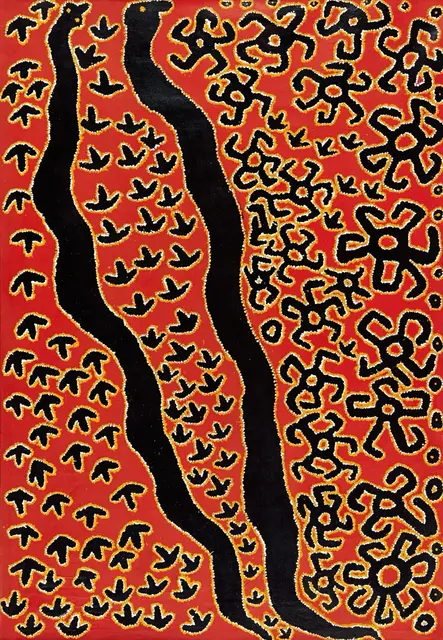 Australian Indigenous (Aboriginal and Torres Strait Islander) artwork by ROY UNDERWOOD of Spinifex Artists. The title is Wati Kutjara. [13299] (Acrylic on Linen)