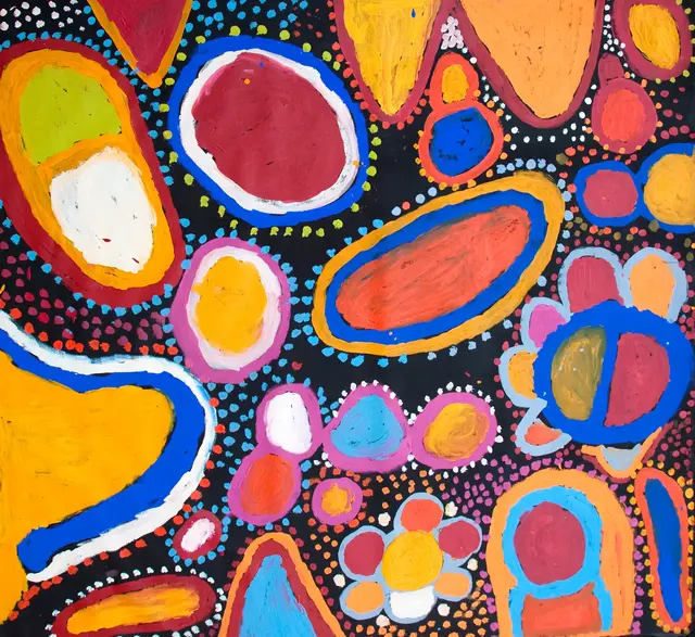 Australian Indigenous (Aboriginal and Torres Strait Islander) artwork by SANDY BRUMBY of Ninuku Arts. The title is Walytjatjara Tjukurpa. [NKSB11088] (Acrylic on Linen)