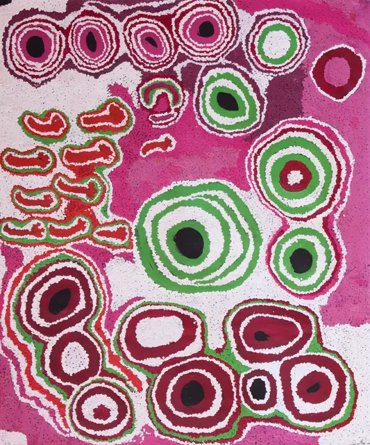Australian Indigenous (Aboriginal and Torres Strait Islander) artwork by TJARUWA (ANGELINA) WOODS of Spinifex Artists. The title is Waratata. [13214] (Acrylic on Linen)