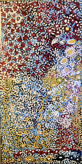 Australian Indigenous (Aboriginal and Torres Strait Islander) artwork by TJAPARTJI BATES of Warakurna Artists. The title is Warmarrla Tjukurrpa, lumaru Rockhole. [244-05] (Acrylic on Canvas)